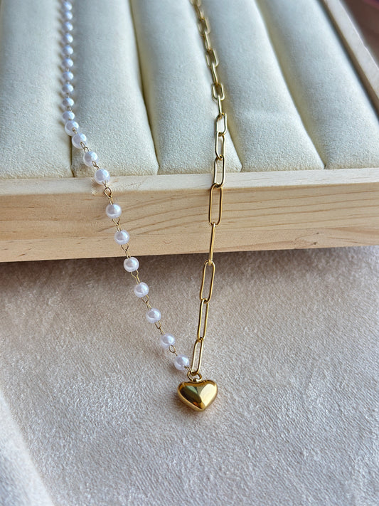 Half Pearl Half Paperclip Chain Heart Necklace