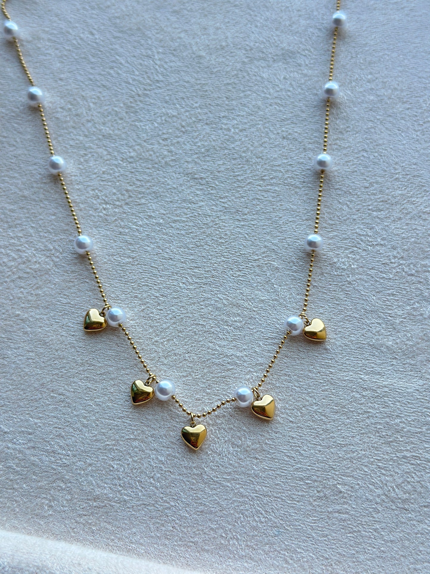 Pearl & Puffy Heart Charm Ball Chain Necklace