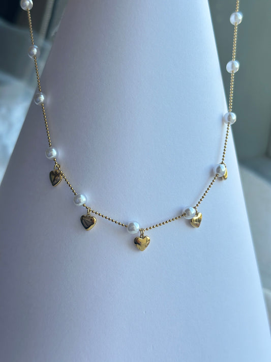 Pearl & Puffy Heart Charm Ball Chain Necklace