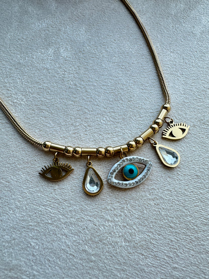 Evil Eye Multi-Charm Snake Chain Necklace