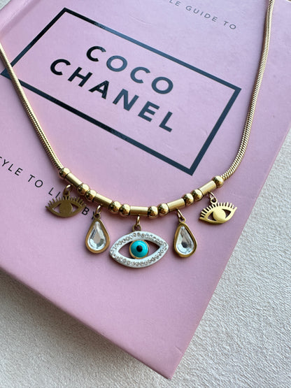 Evil Eye Multi-Charm Snake Chain Necklace