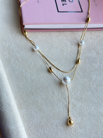 Double Layer Pearl & Gold Drop Lariat Necklace