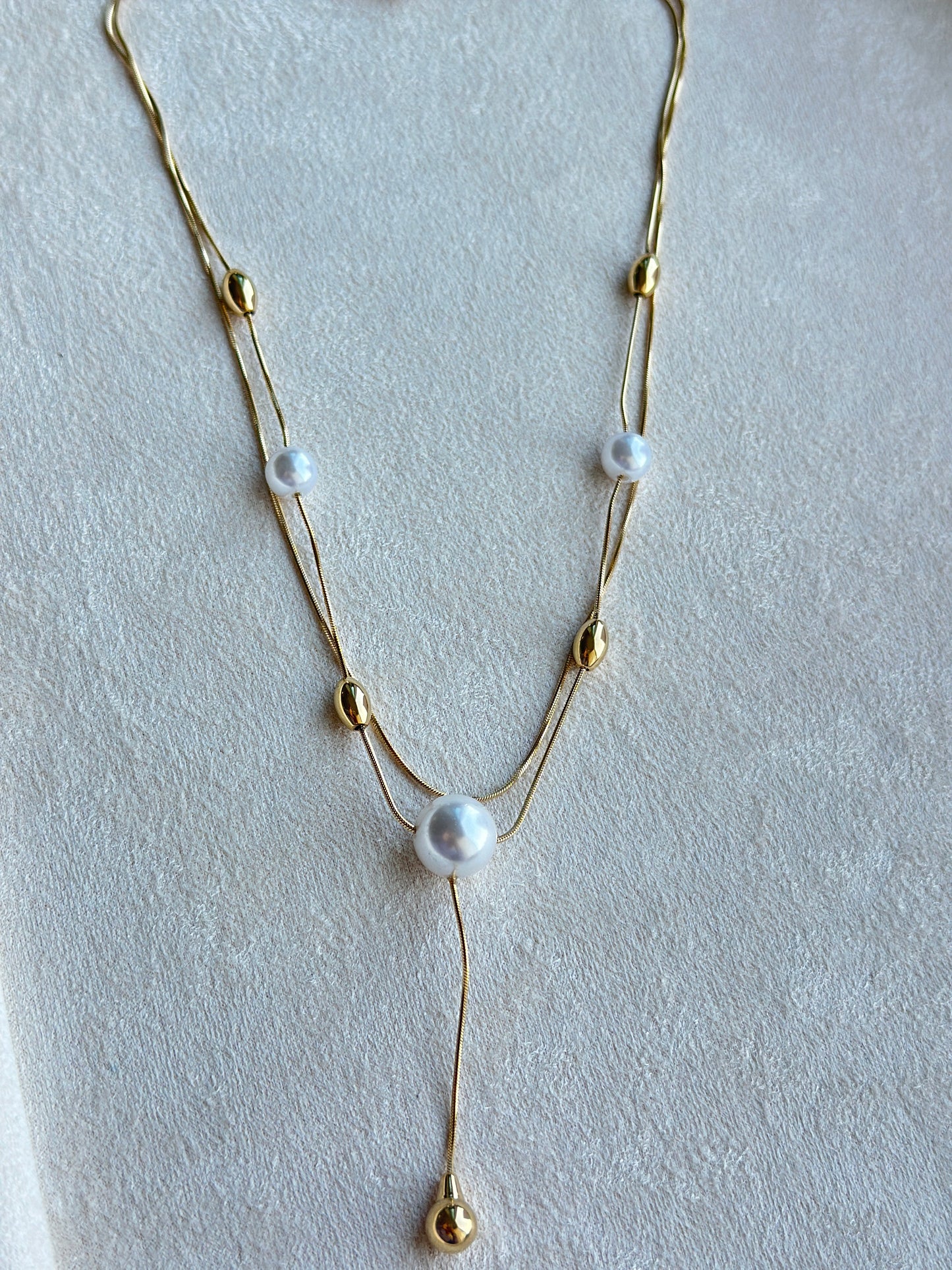 Double Layer Pearl & Gold Drop Lariat Necklace