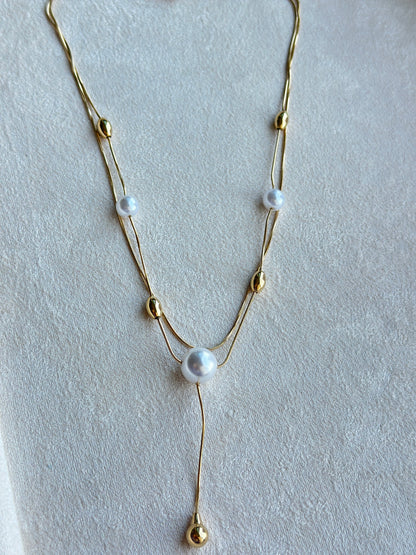 Double Layer Pearl & Gold Drop Lariat Necklace
