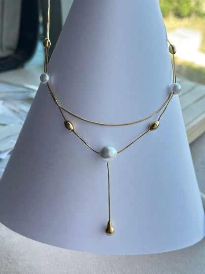 Double Layer Pearl & Gold Drop Lariat Necklace