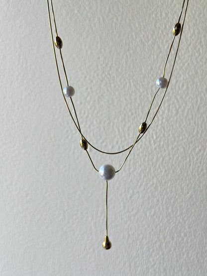 Double Layer Pearl & Gold Drop Lariat Necklace