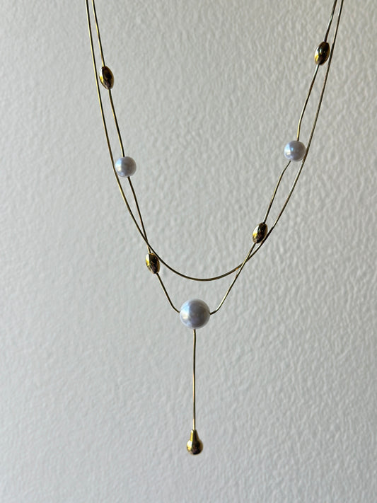 Double Layer Pearl & Gold Drop Lariat Necklace
