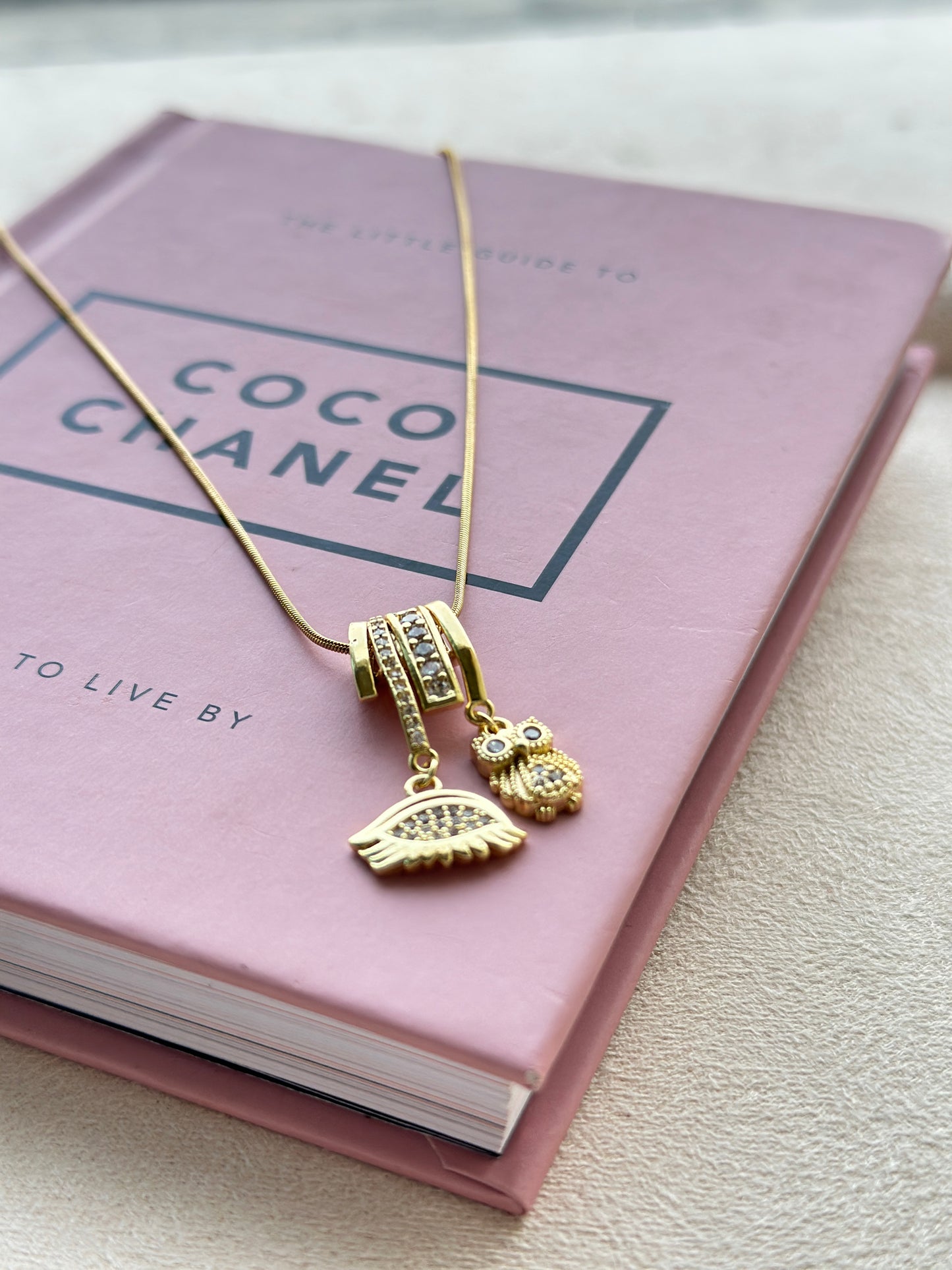 CZ Owl & Wing Double Charm Pendant Necklace