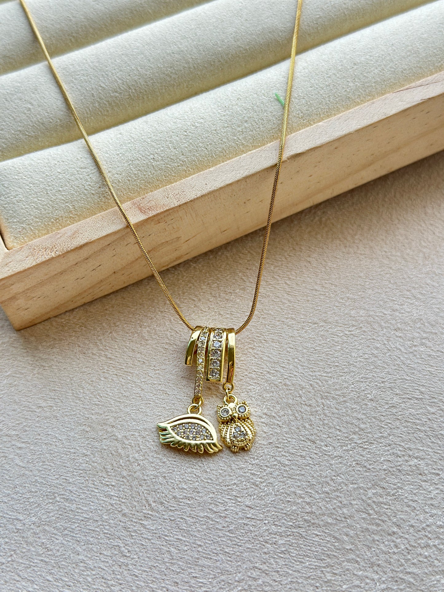 CZ Owl & Wing Double Charm Pendant Necklace