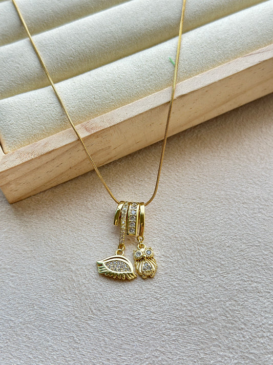 CZ Owl & Wing Double Charm Pendant Necklace