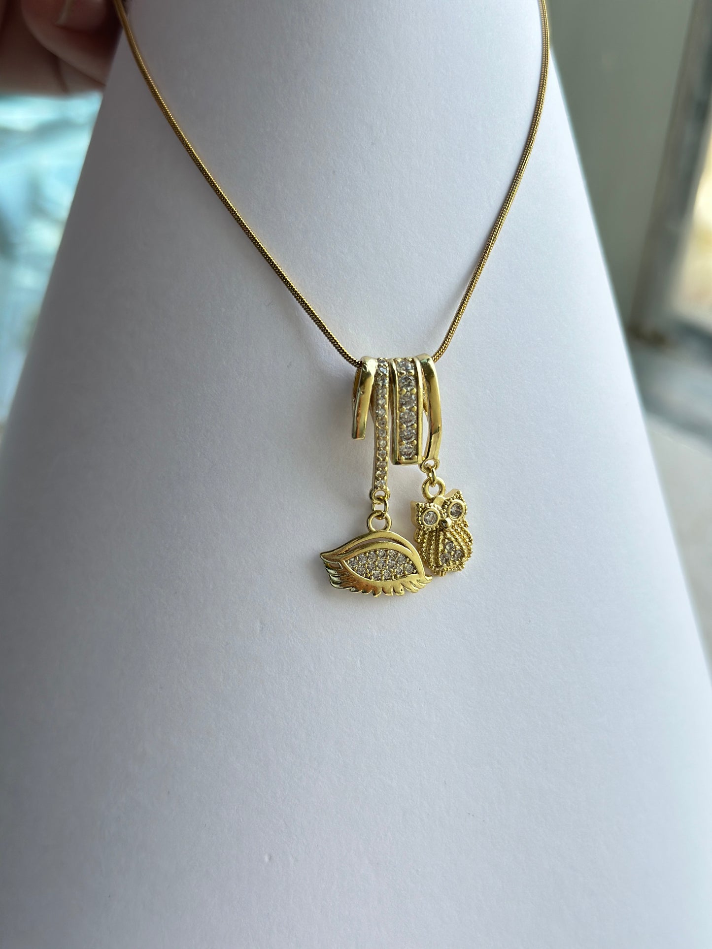 CZ Owl & Wing Double Charm Pendant Necklace
