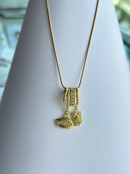 CZ Owl & Wing Double Charm Pendant Necklace