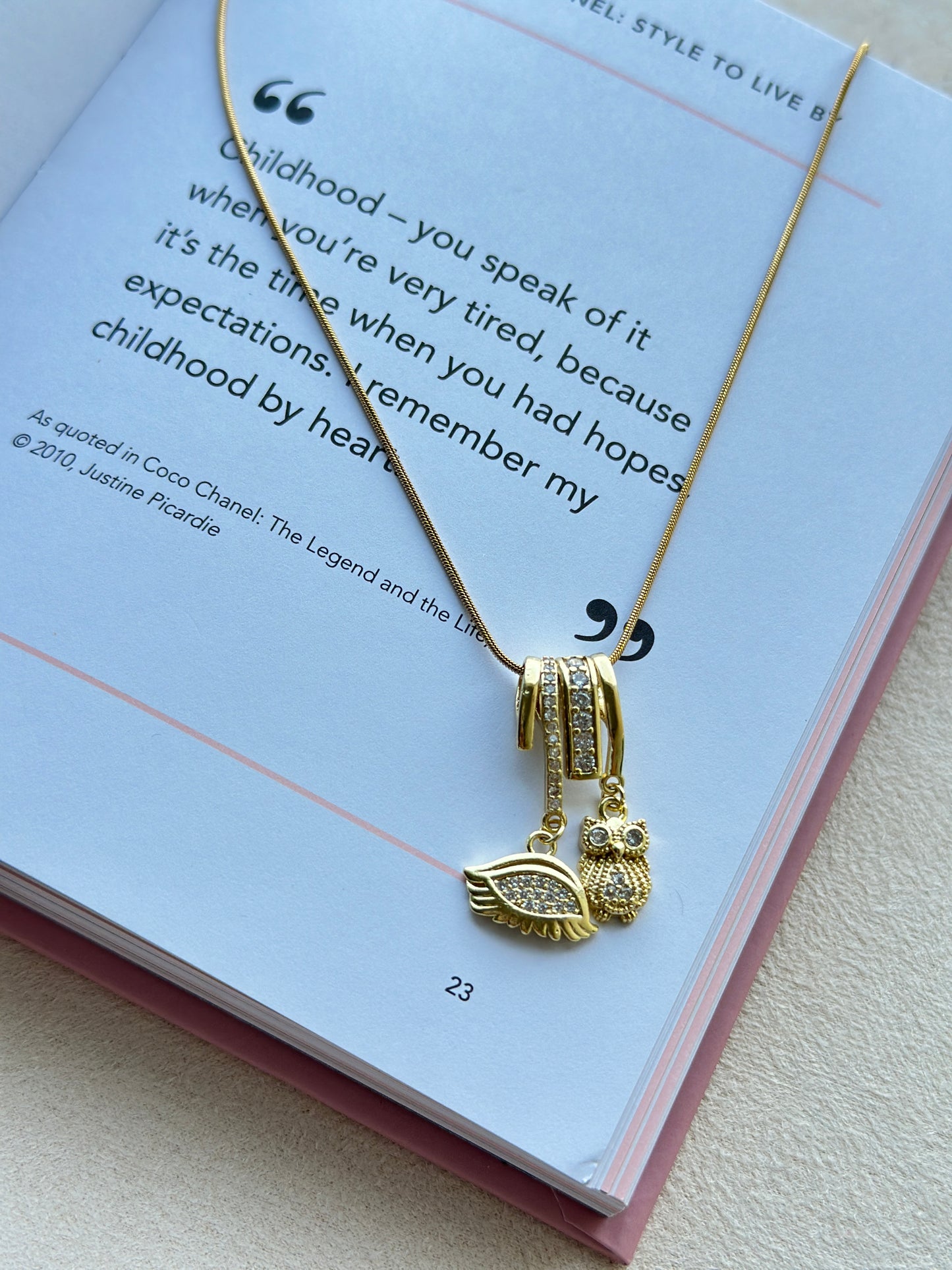 CZ Owl & Wing Double Charm Pendant Necklace