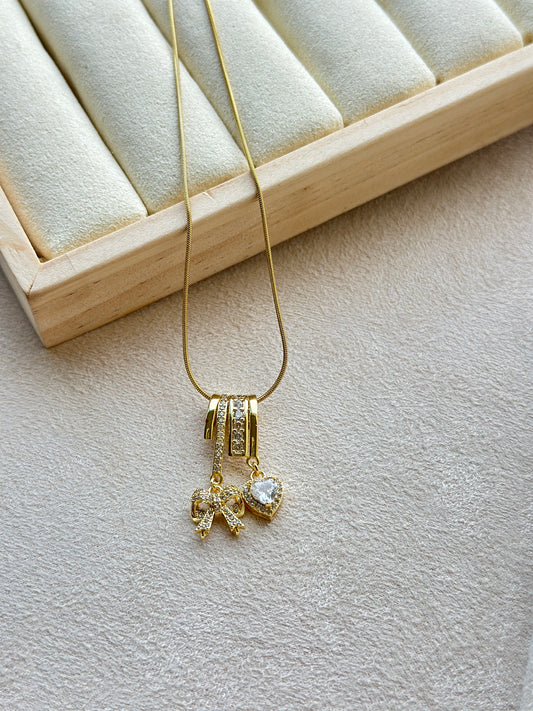 CZ Bow & Heart Double Charm Pendant Necklace