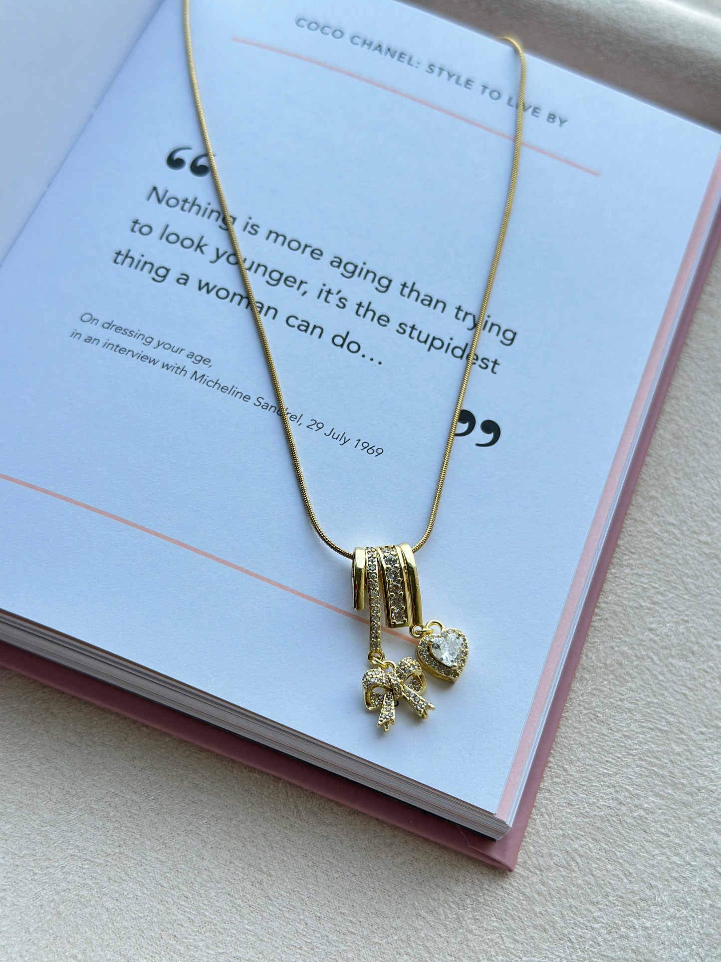 CZ Bow & Heart Double Charm Pendant Necklace