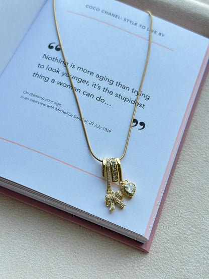 CZ Bow & Heart Double Charm Pendant Necklace