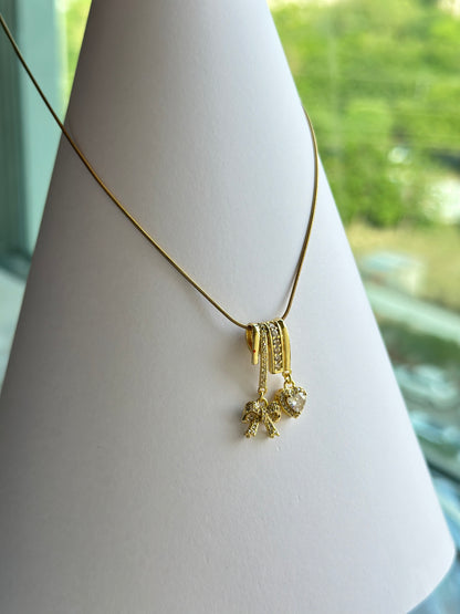 CZ Bow & Heart Double Charm Pendant Necklace