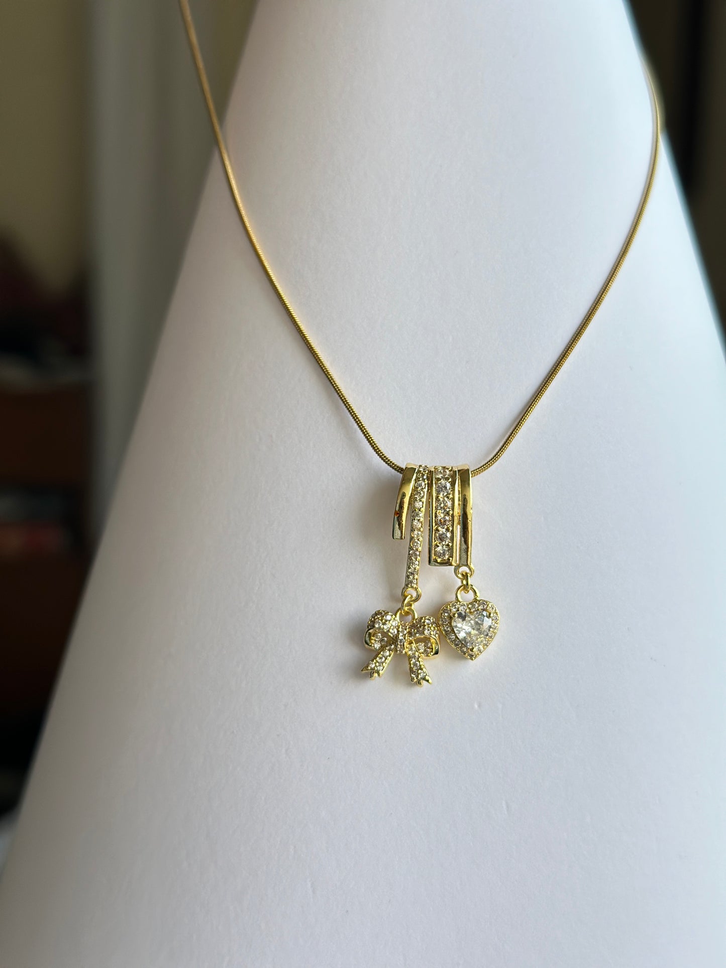 CZ Bow & Heart Double Charm Pendant Necklace