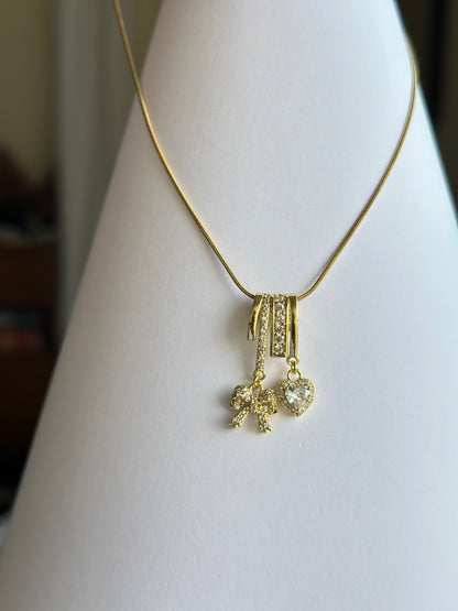 CZ Bow & Heart Double Charm Pendant Necklace
