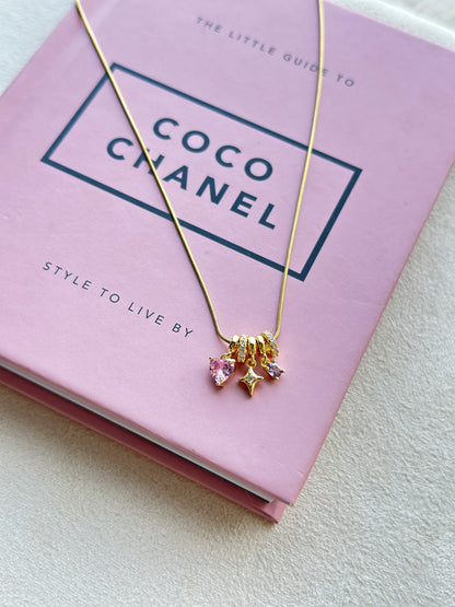 Pink Heart Star & Purple CZ Triple Charm Necklace