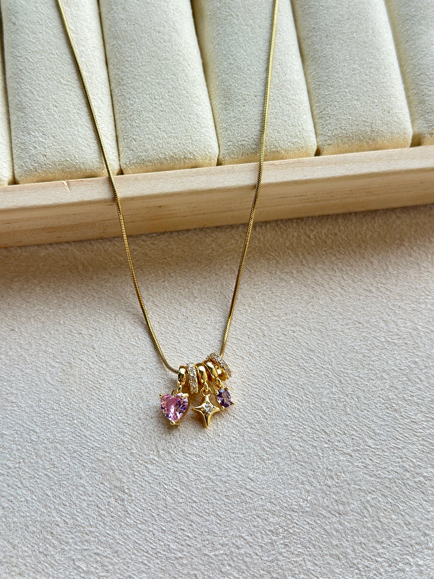 Pink Heart Star & Purple CZ Triple Charm Necklace