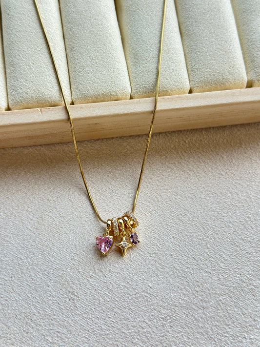 Pink Heart Star & Purple CZ Triple Charm Necklace