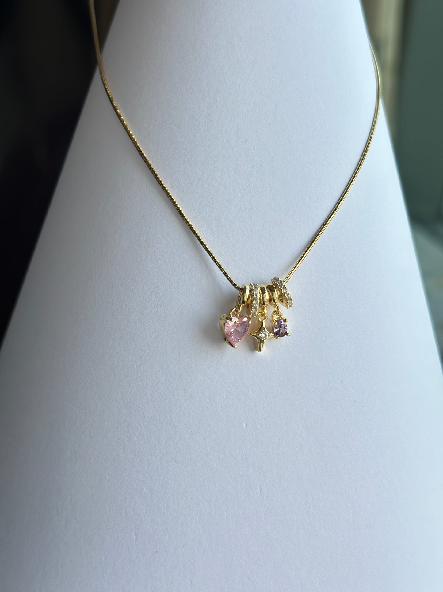 Pink Heart Star & Purple CZ Triple Charm Necklace