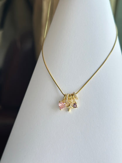 Pink Heart Star & Purple CZ Triple Charm Necklace