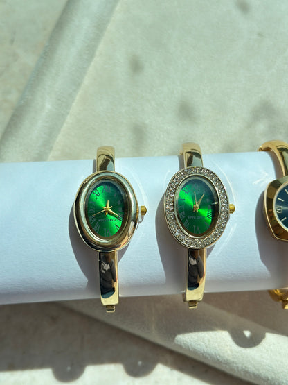 Oval Green Roman Dial Gold Bangle Watch