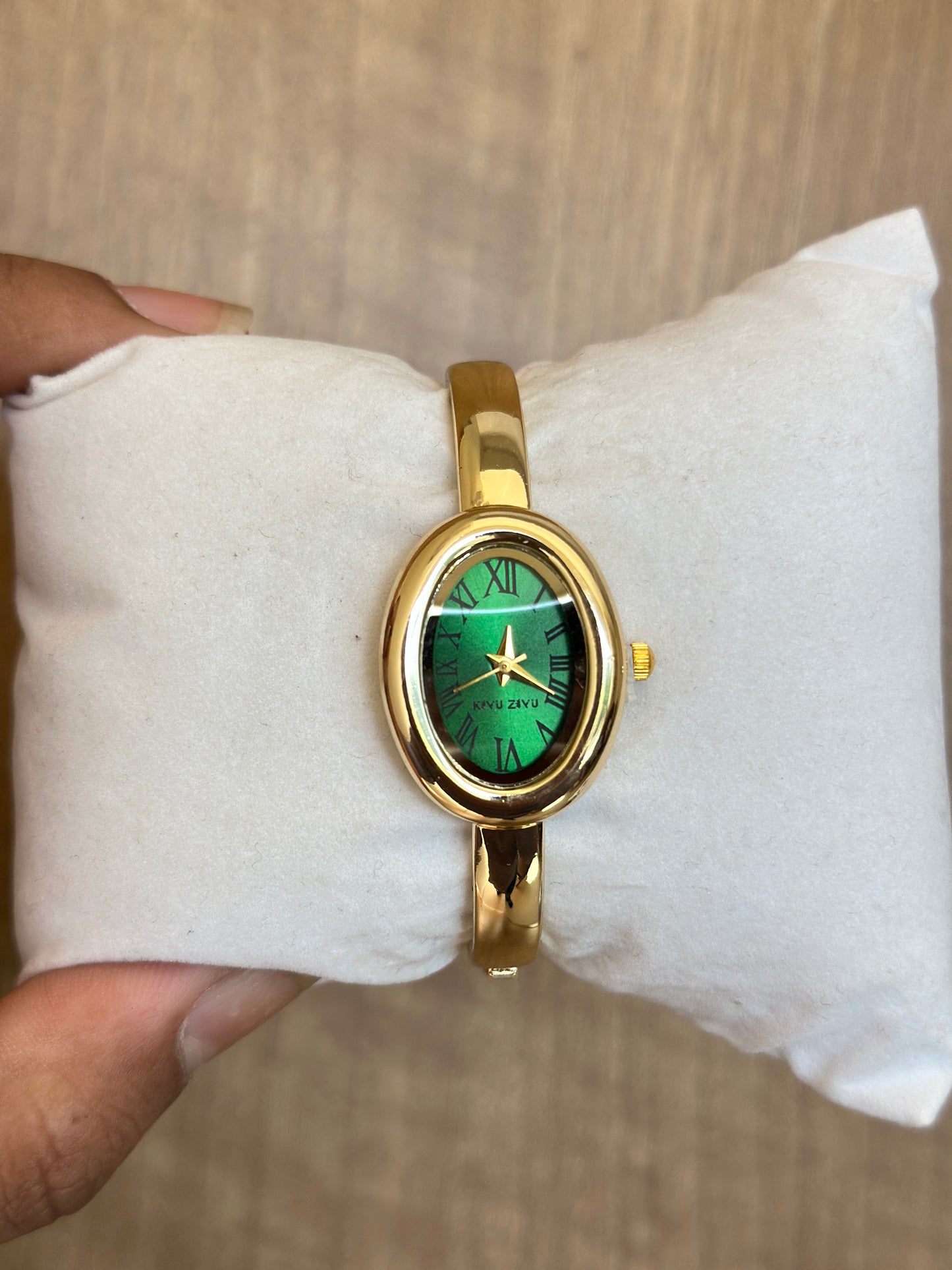 Oval Green Roman Dial Gold Bangle Watch