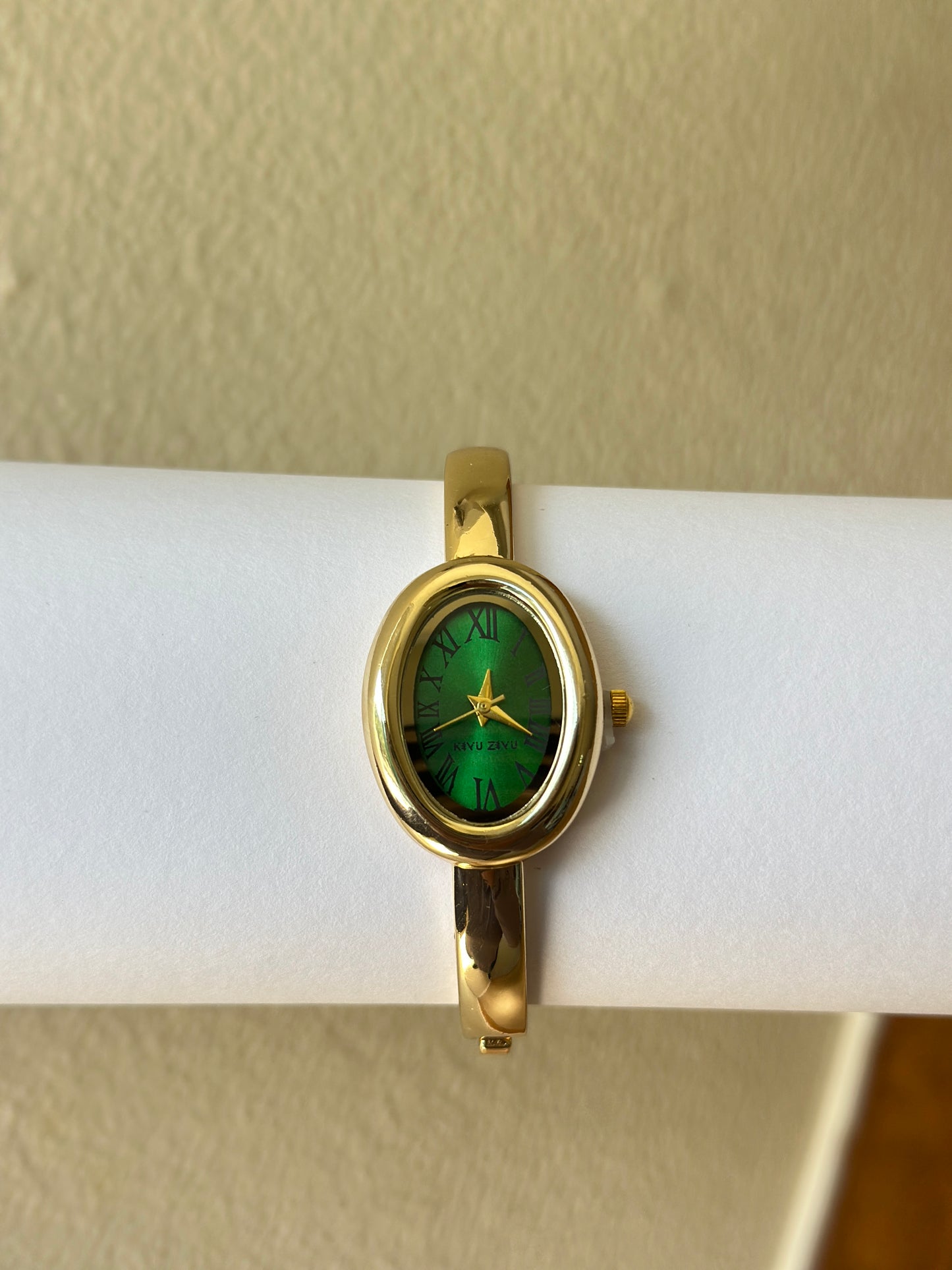 Oval Green Roman Dial Gold Bangle Watch