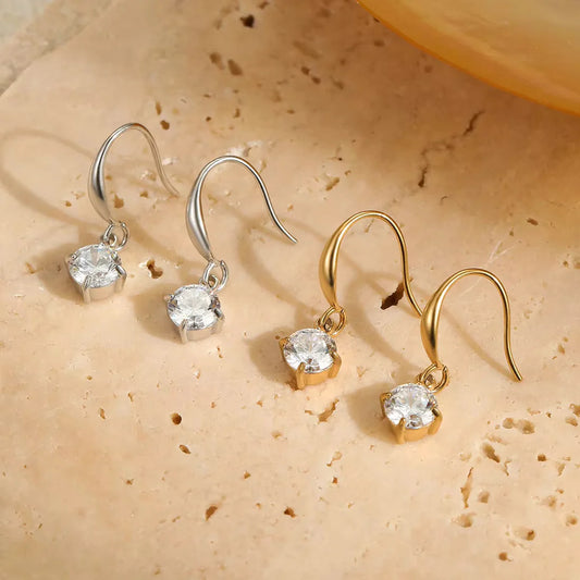 Solitaire CZ Teardrop Fish Hook Earrings