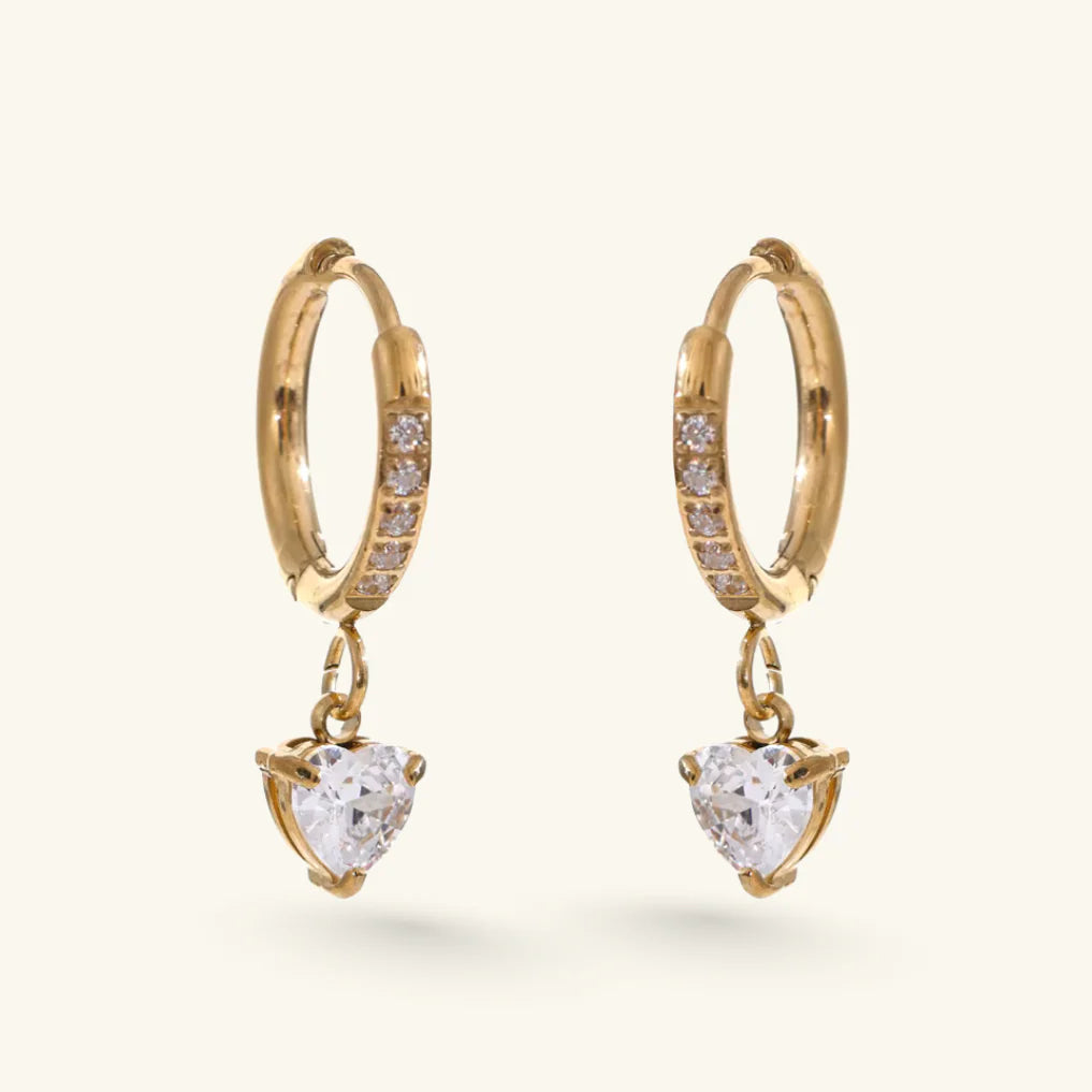 CZ Heart Charm Huggie Hoop Earrings