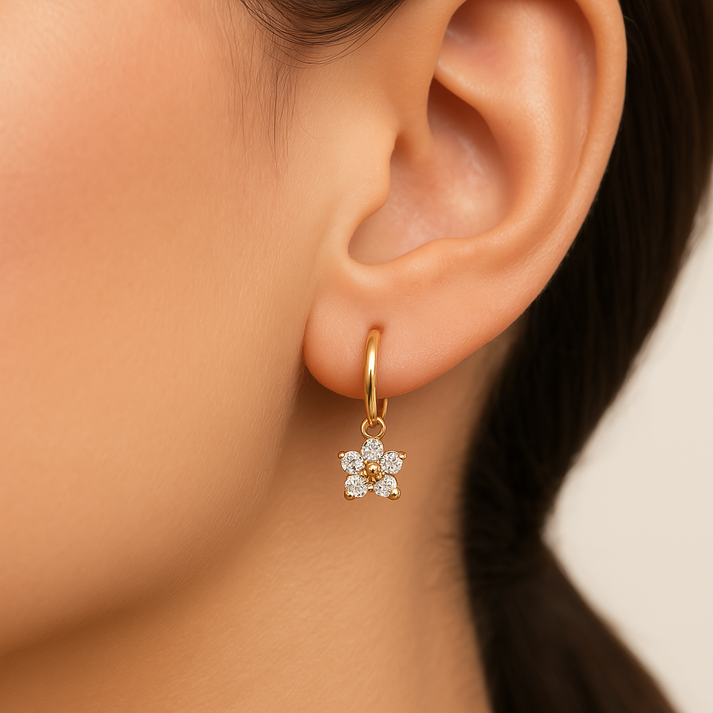 CZ Flower Charm Huggie Hoop Earrings