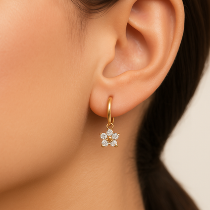 CZ Flower Charm Huggie Hoop Earrings