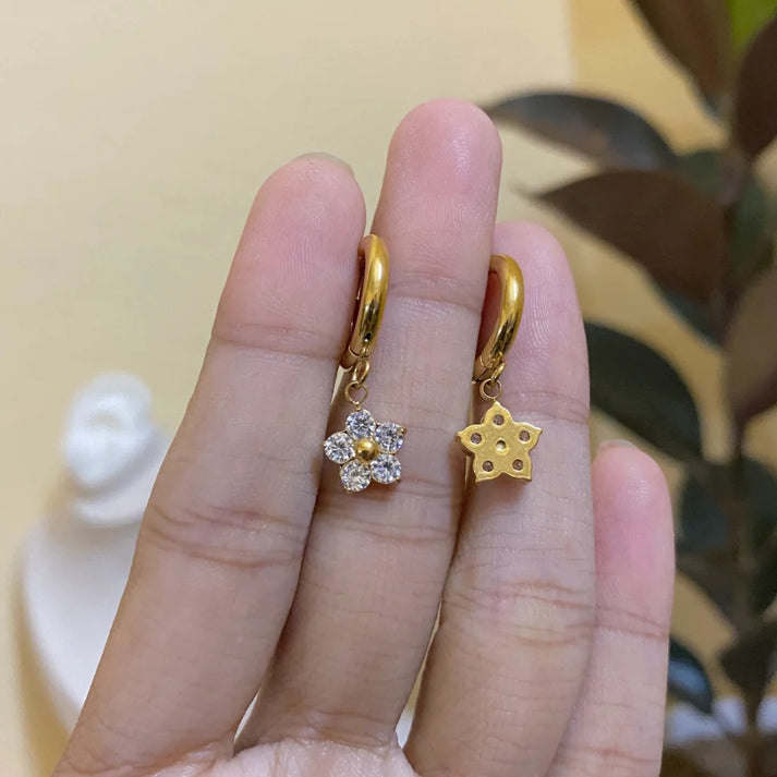 CZ Flower Charm Huggie Hoop Earrings