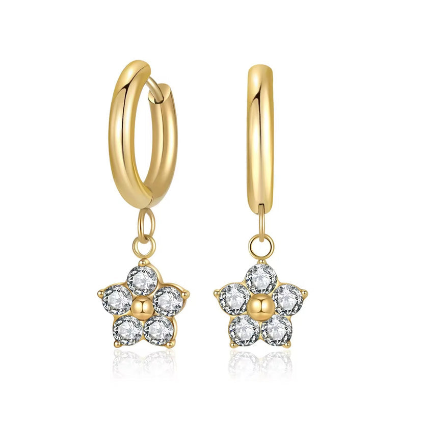 CZ Flower Charm Huggie Hoop Earrings