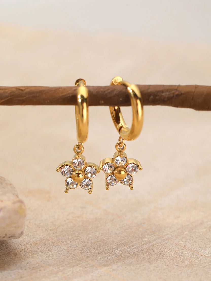 CZ Flower Charm Huggie Hoop Earrings