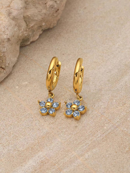 CZ Flower Charm Huggie Hoop Earrings
