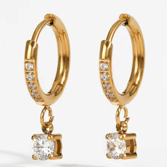 Round CZ Drop Huggie Earrings