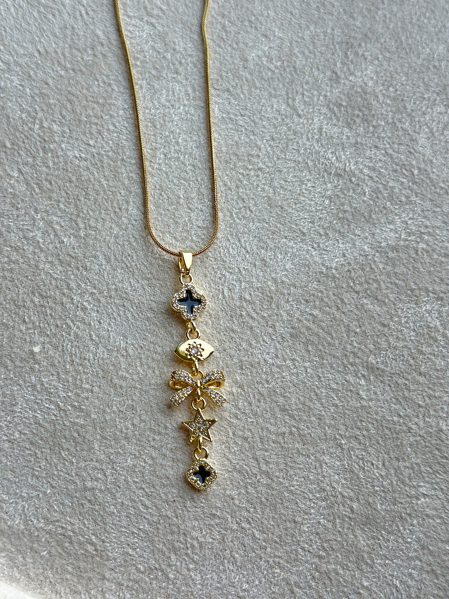 Black CZ Star Bow & Clover Long Drop Charm Necklace