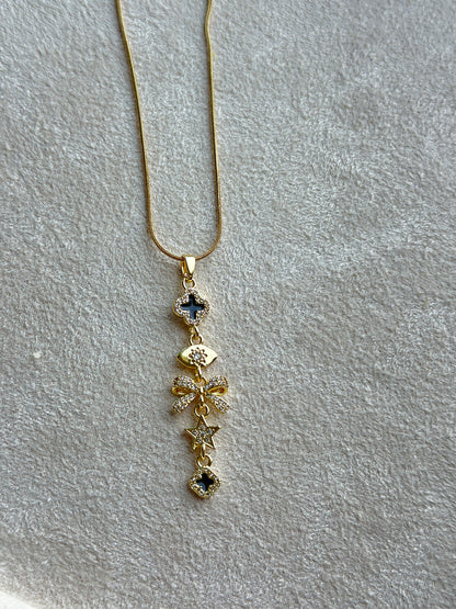 Black CZ Star Bow & Clover Long Drop Charm Necklace