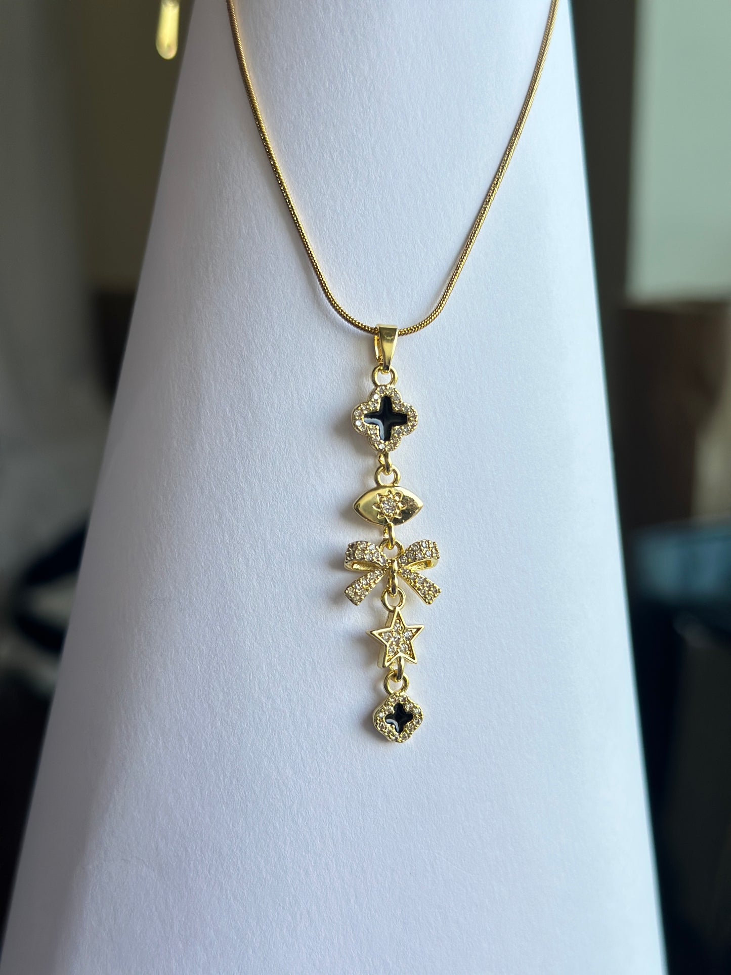 Black CZ Star Bow & Clover Long Drop Charm Necklace
