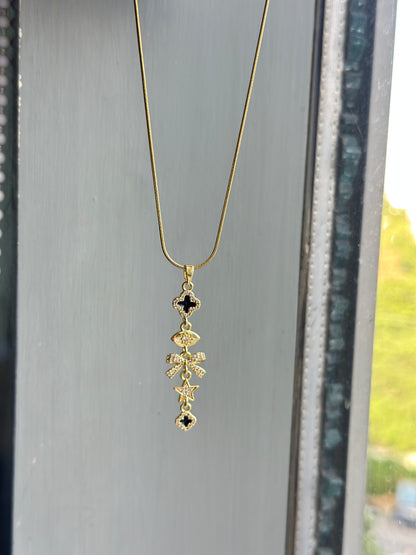 Black CZ Star Bow & Clover Long Drop Charm Necklace