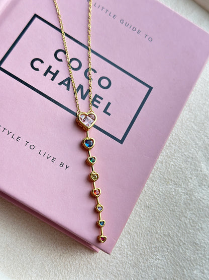 Rainbow Multi Heart Bar Drop Necklace