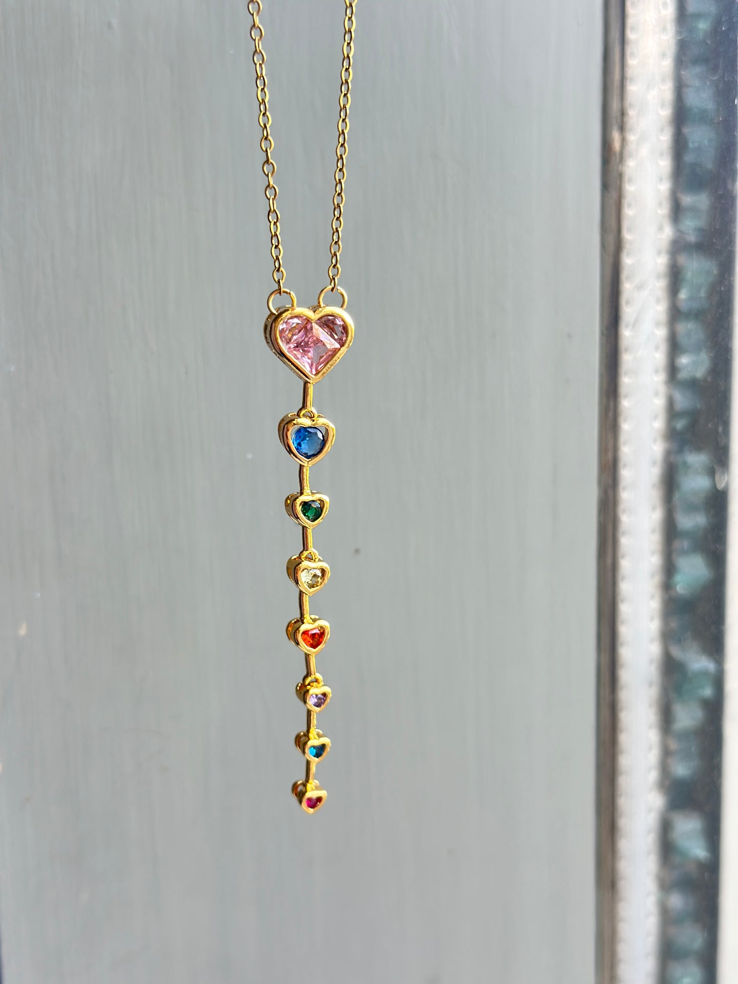 Rainbow Multi Heart Bar Drop Necklace