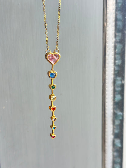 Rainbow Multi Heart Bar Drop Necklace
