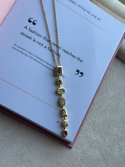 Multi Shape Coloured CZ Bar Drop Necklace