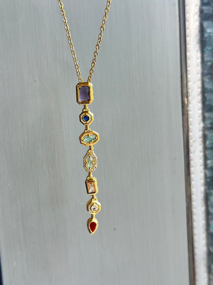 Multi Shape Coloured CZ Bar Drop Necklace