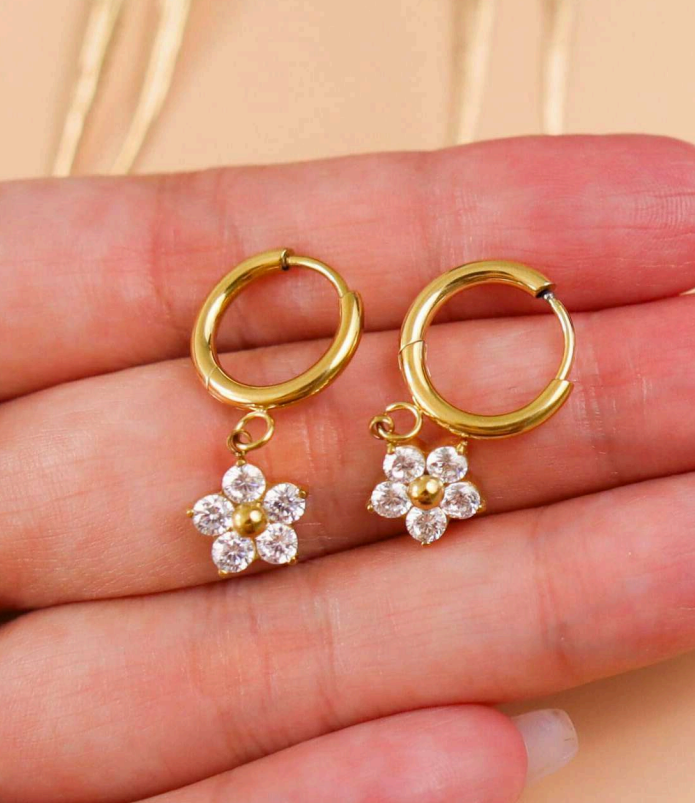 CZ Flower Charm Huggie Hoop Earrings